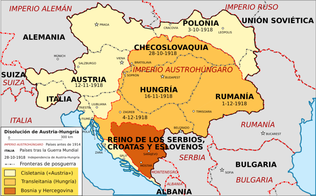 historia completa de eslovaquia: en este mapa se ven las fronteras iniciales de austro-hungria y las fronteras de los paises que quedaron despues de su disolucion