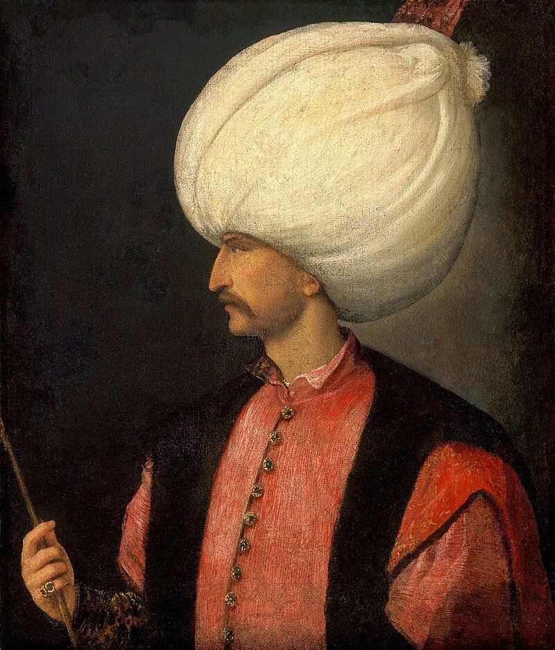 historia completa de eslovaquia: retrato del sultan Suleiman o Soliman primero, en que se le ve con un enorme turbante blanco mirando hacia su derecha
