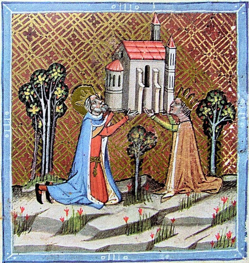 Imagen de Esteban I y su esposa Gisela sosteniendo una iglesia, simbolizando la fundacón de la misma.
