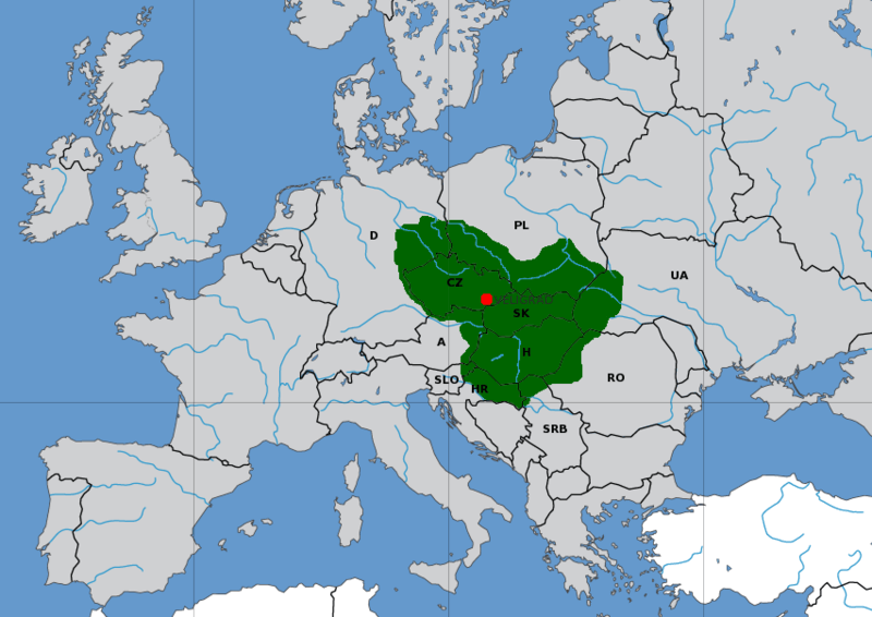 Mapa de Europa donde se ve la extensión máxima de la Gran Moravia, incluyendo Chequia, Eslovaquia, Hungría y alguna áreas de Alemania, Polonia, Ucrania, Rumanía, Serbia, Croacia y Austria