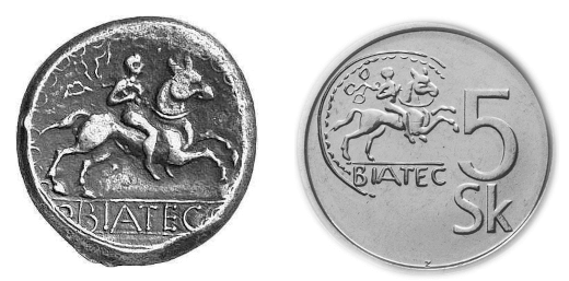 historia completa de eslovaquia: Moneda Celta representando a Biatec, y una moneda conmemorativa de 5 coronas eslovacas