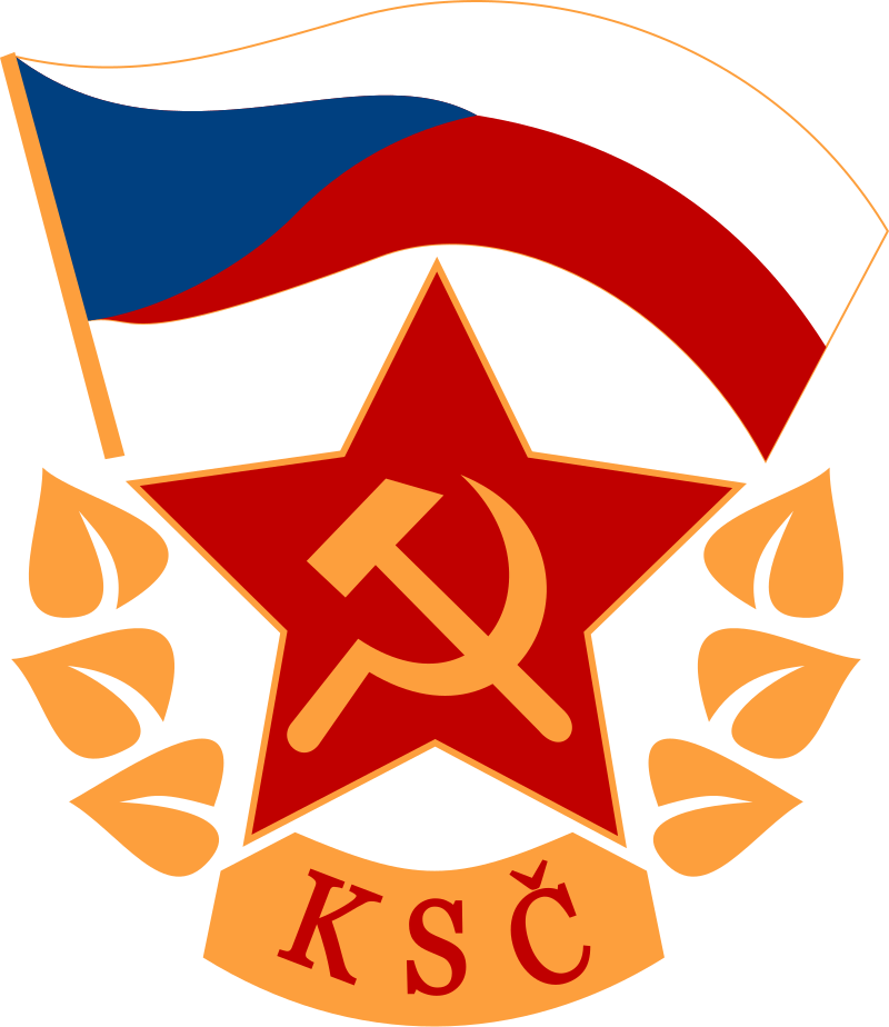 historia completa de eslovaquia: emblema del partido comunista checoslovaco con la bandera checoslovaca encima de una estrella roja con el martillo y la hoz comunistas dentro
