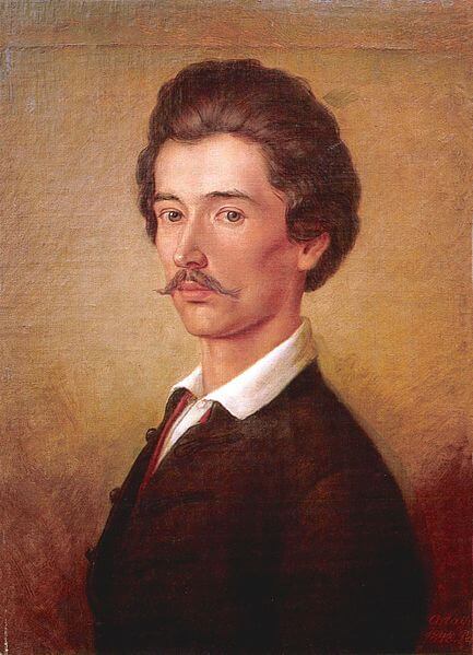 retrato del poeta Sándor Petöfi, señor elegante con espeso cabello ondulado, bien afeitado y con un bigote.