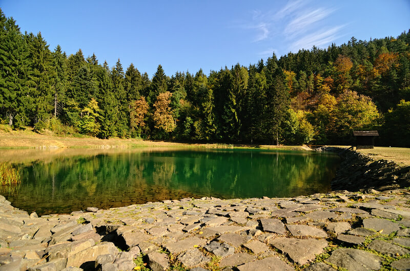 foto tomada a nivel del suelo de uno de los lagos artificiales en este caso el velka vodarenska en que se ve un empedrado desde el fotografo en primer plano luego el lago y por ultimo un frondoso bosque