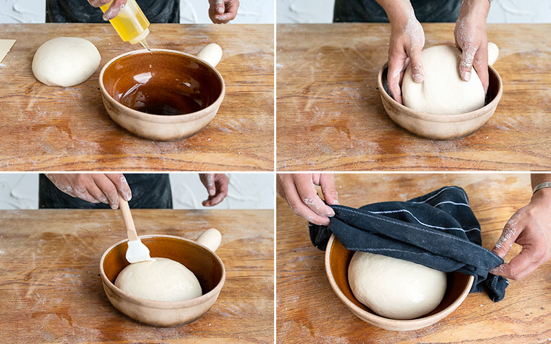 preparacion de la masa de pizza napolitana, dejando que la masa crezca en un bol cubierto con un trapo