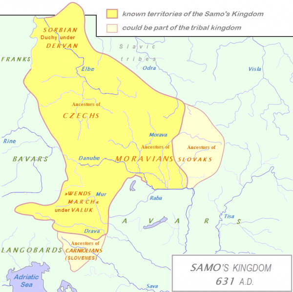 historia completa de eslovaquia: Mapa del Imperio de Samo en el año 631 dC ocupando parte de las actuales Eslovenia, Austria, Hungría, Checquia y Eslovaquia
